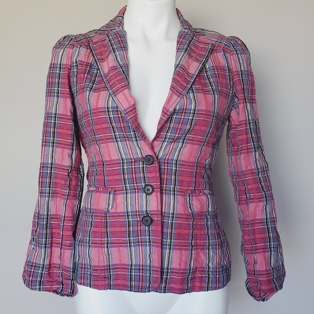 Robert Graham Pink Plaid Gauzy Cotton Puff Shoulder Blazer Women's Size XS